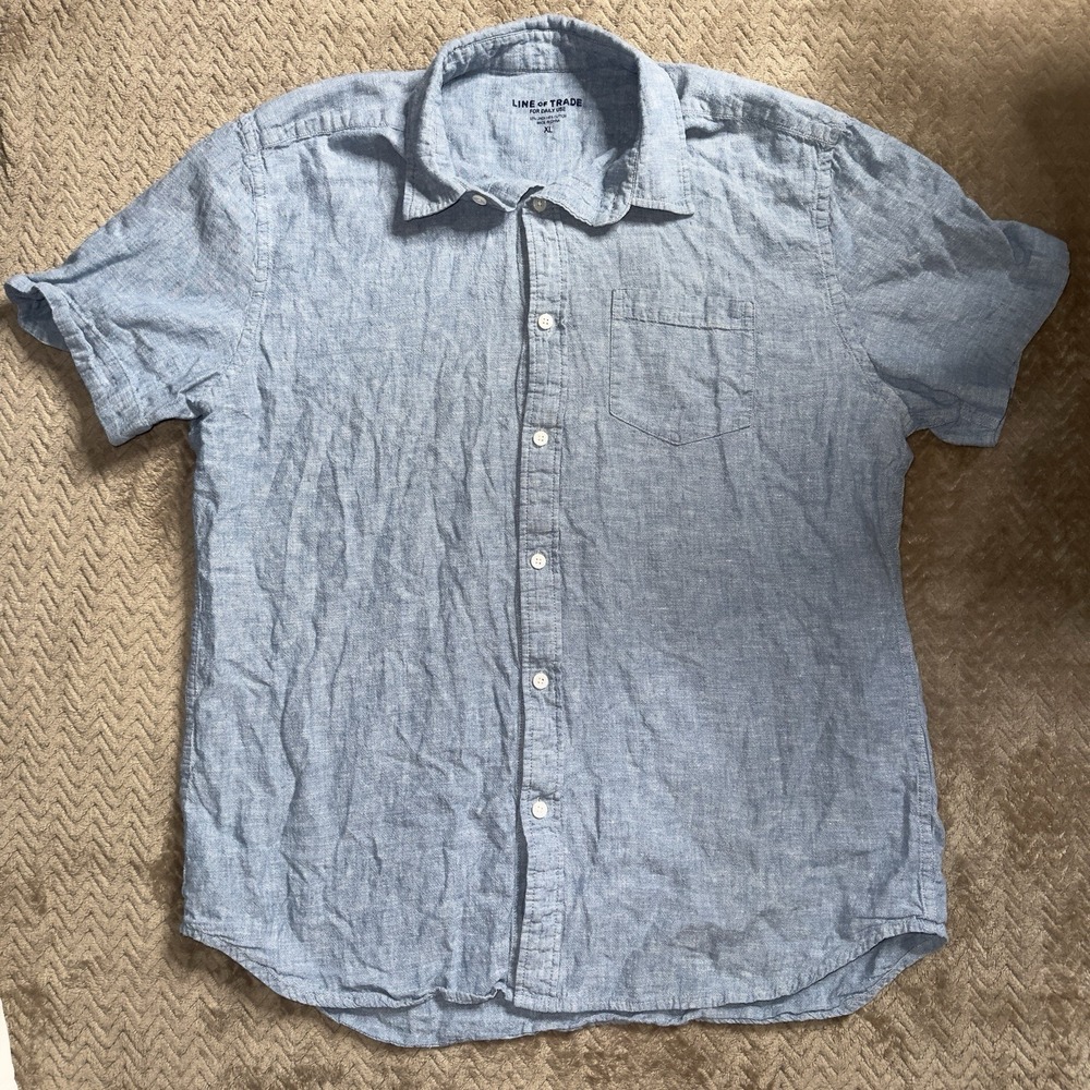 Line Of Trade Shirt Mens XLarge Blue Linen Cotton Short Sleeve Button Up